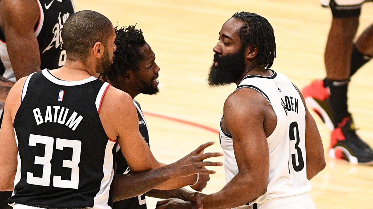 Brooklyn Nets Guard James Harden (13) and Los Angeles Clippers Guard Patrick Beverley (21) get in an argument after a foul during a NBA game between the Brooklyn Nets and the Los Angeles Clippers on February 21, 2021 at STAPLES Center in Los Angeles, CA.