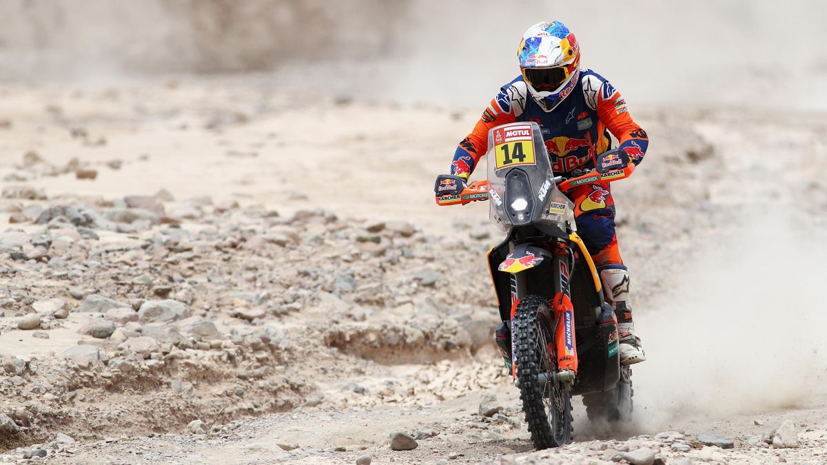 KTM Factory Racing Team No. 14 Motorbike ridden by Sam Sunderland of Great Britain competes during Stage Four of the 2019 Dakar Rally
