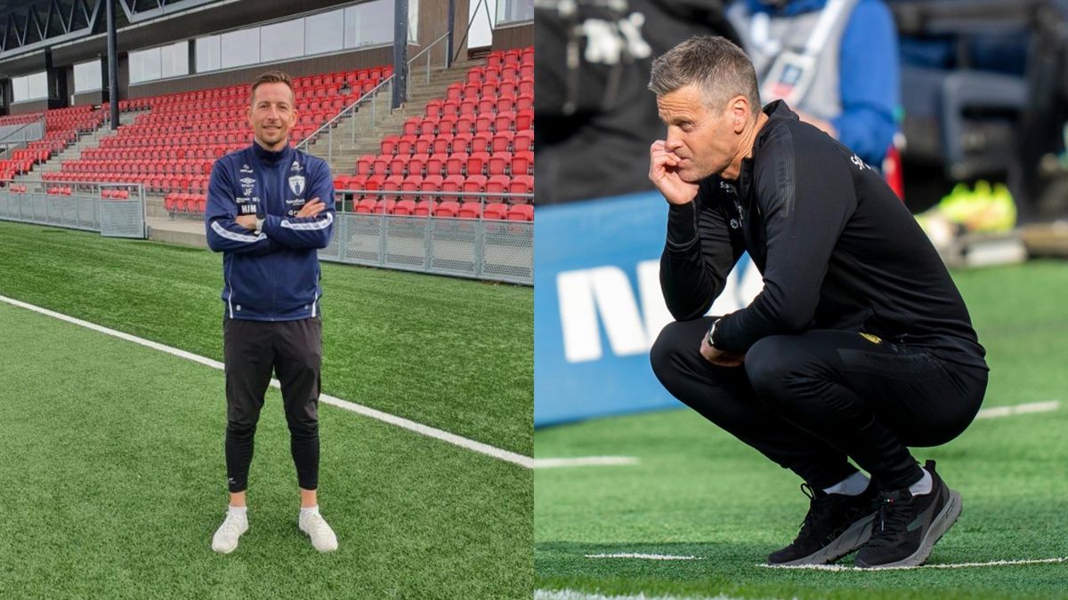 Daglig leder i Rana FK Jimmy André Fjelldalselv og Glimt-trener Kjetil Knutsen