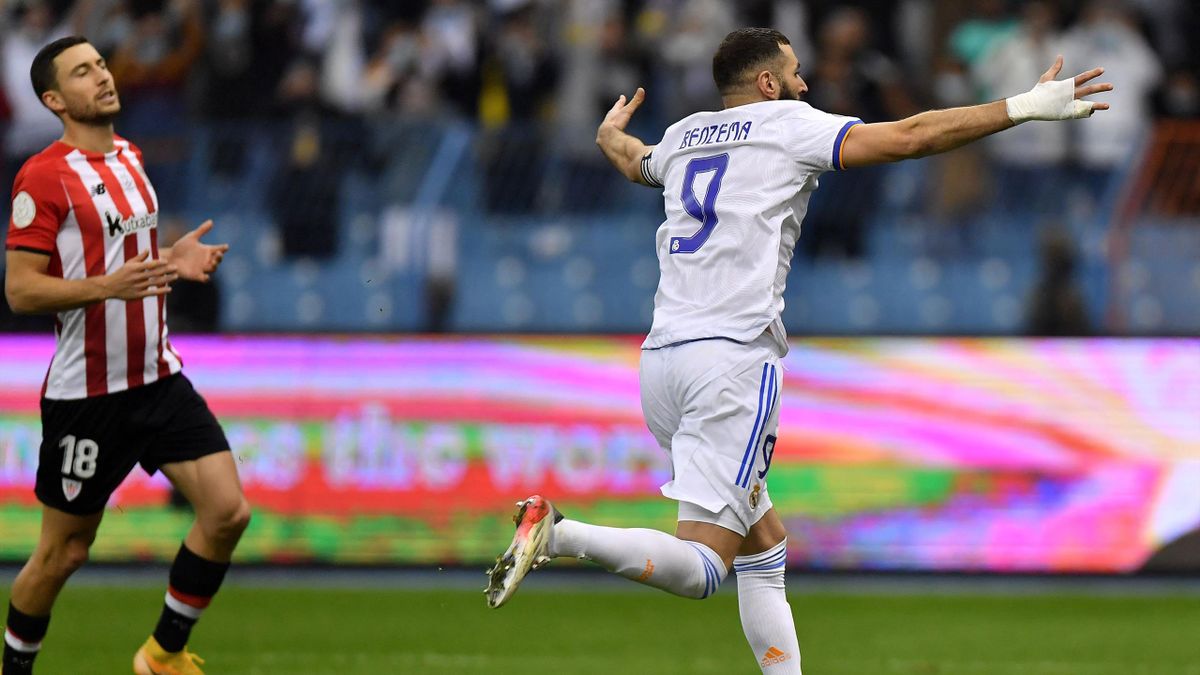 Karim Benzema esulta per il gol nella finale di Supercoppa Spagnola, Athletic-Real Madrid, Getty Images