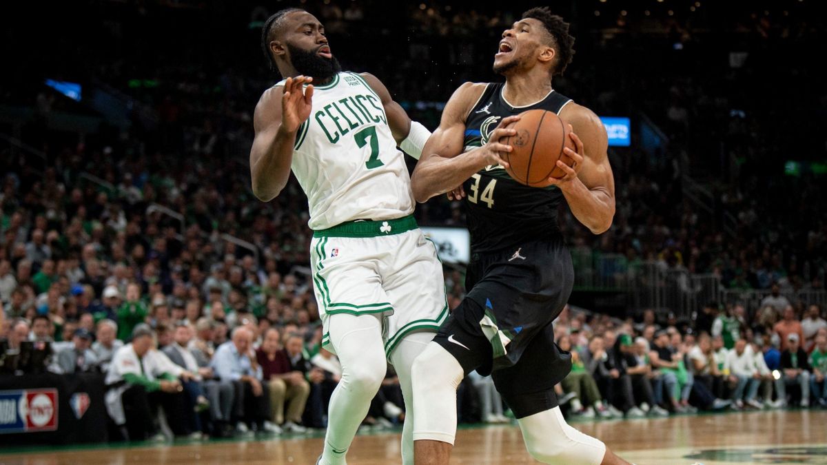 Giannis Antetokounmpo #34 of the Milwaukee Bucks goes to the basket against Jaylen Brown #7 of the Boston Celtics during the second half of Game Five of the Eastern Conference Semifinals at TD Garden on May 11, 2022 in Boston.