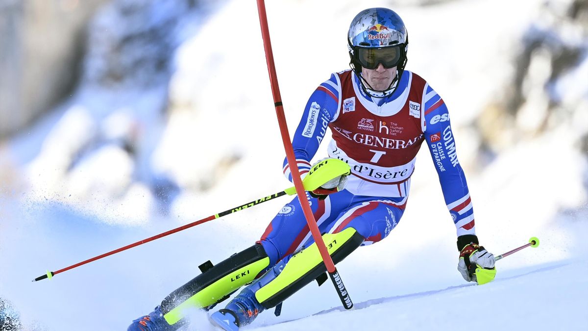Clement Noel of Team France in action during the Audi FIS Alpine Ski World Cup Men's Slalom on December 12, 2021 in Val d'Isere France