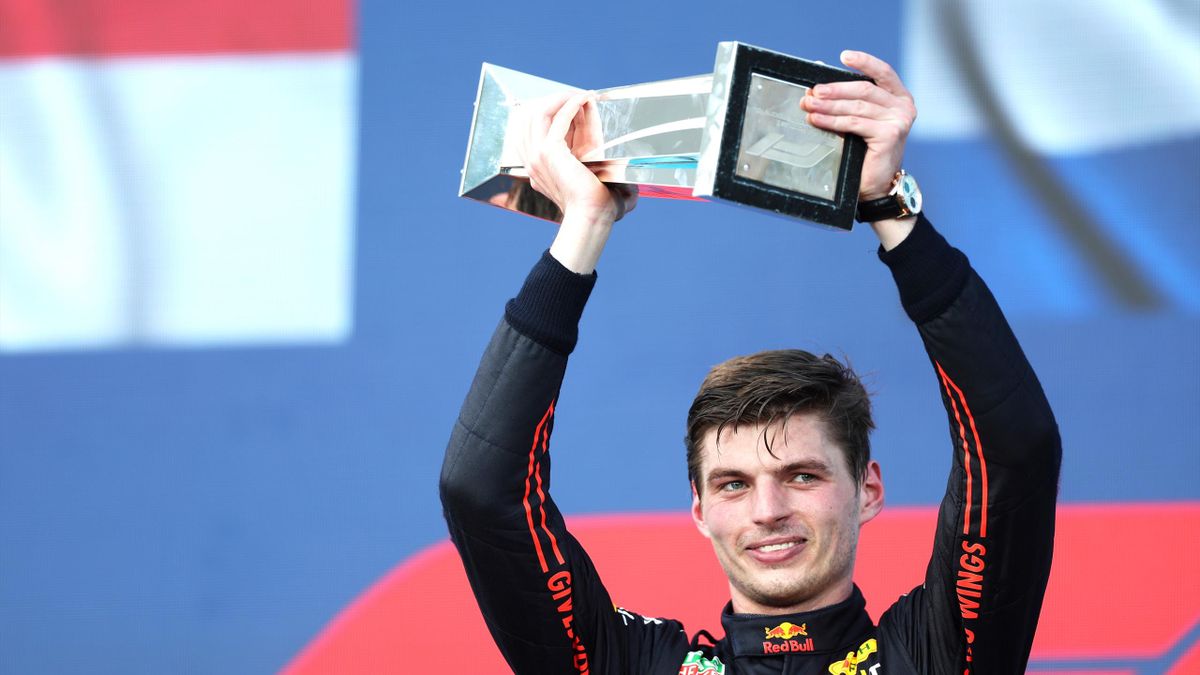 Max Verstappen of Red Bull Racing celebrates on the podium after winning the Miami Grand Prix at the Miami International Autodrome on May 08, 2022 in Miami, Florida
