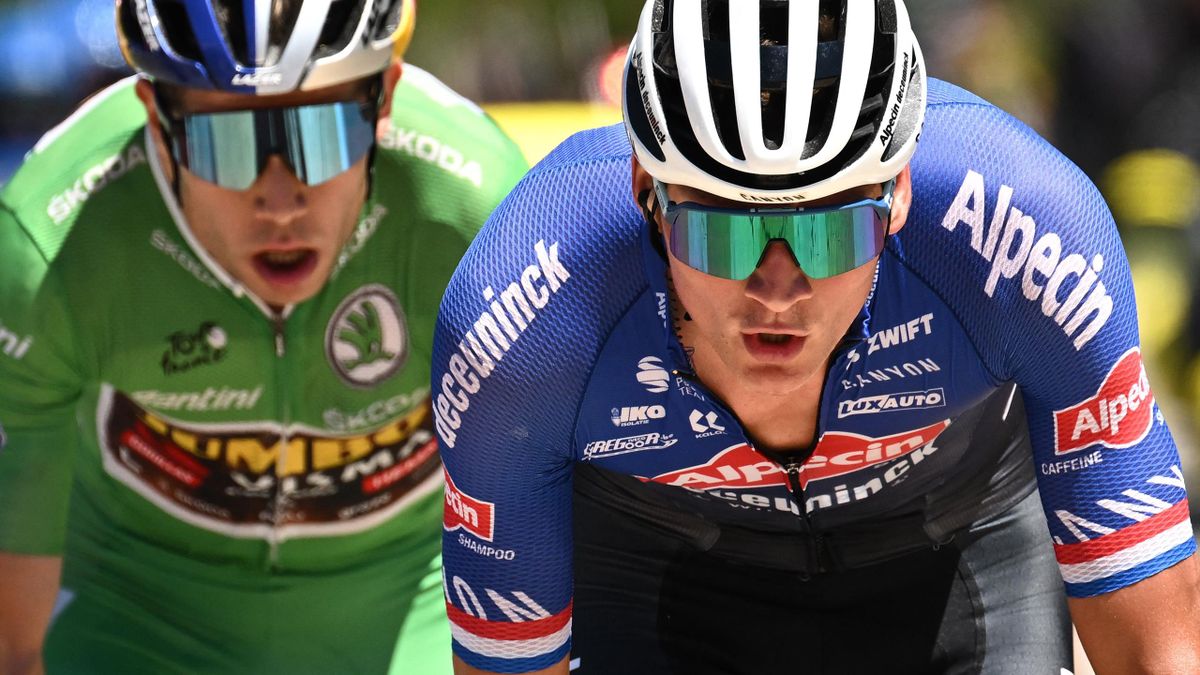 Mathieu van der Poel (Alpecin-Deceuninck) and Wout van Aert (Jumbo-Visma) ride clear in Stage 11 of the Tour de France 2022