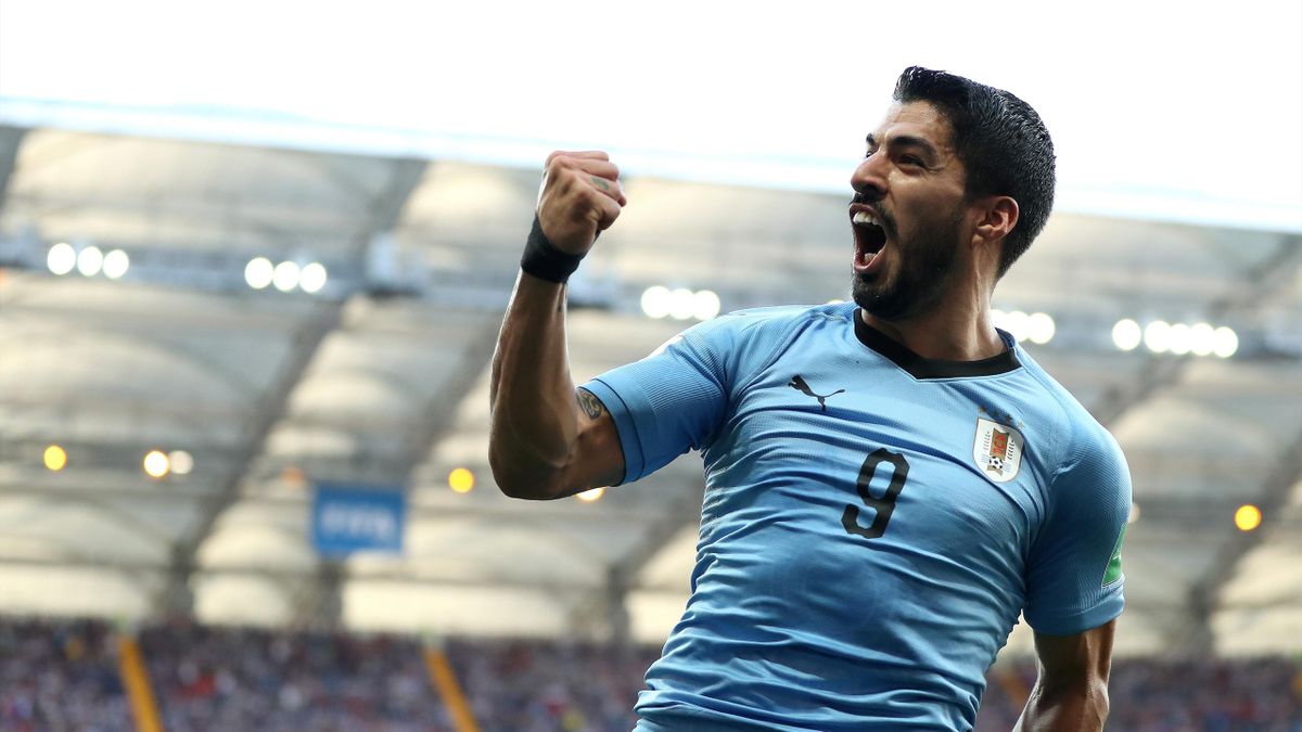 Luis Suarez of Uruguay celebrates after scoring his team's first goal during the 2018 FIFA World Cup Russia group A match between Uruguay and Saudi Arabia at Rostov Arena