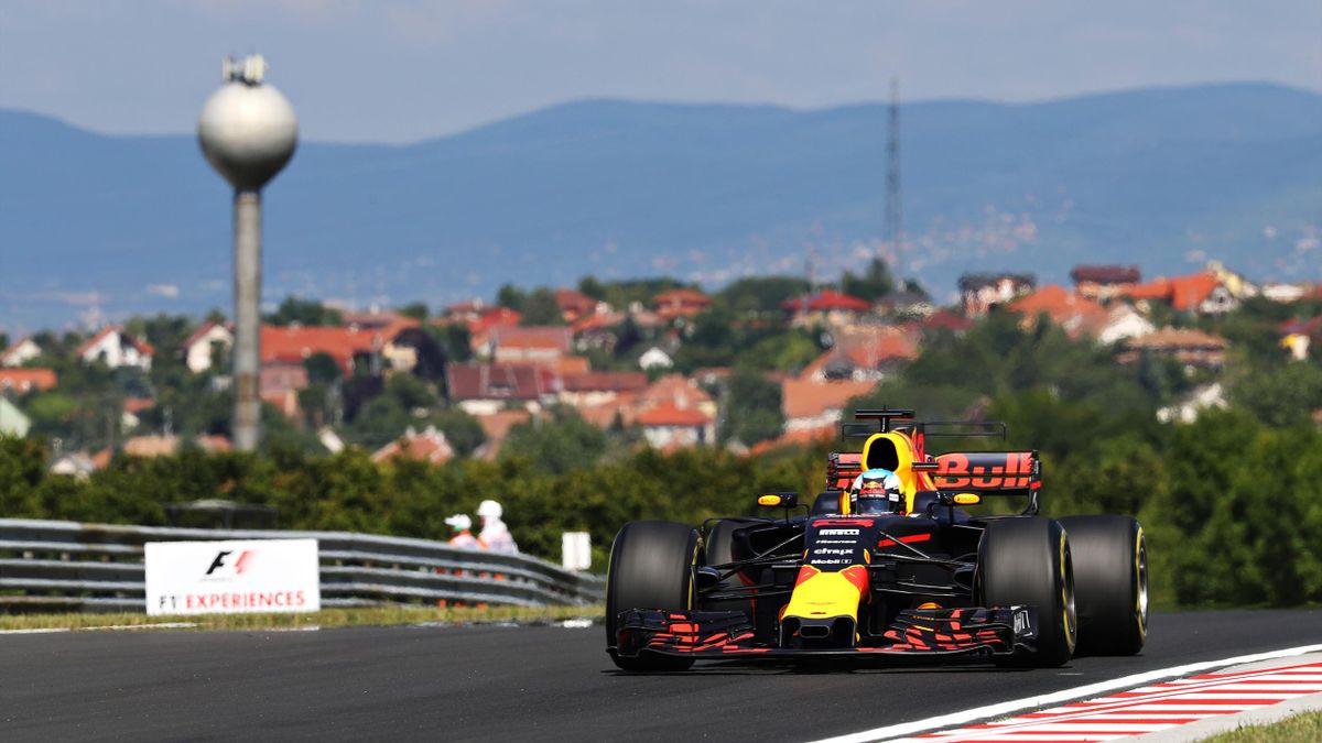 Daniel Ricciardo of Australia driving the (3) Red Bull Racing Red Bull-TAG Heuer RB13 TAG Heuer on track during practice for the Formula One Grand Prix of Hungary at Hungaroring.