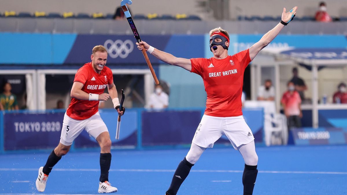 Samuel Ian Ward of Team Great Britain celebrates after scoring their team's first goal during the Men's Preliminary Pool B match between Great Britain and South Africa on day one of the Tokyo 2020 Olympic Games at Oi Hockey Stadium on July 24, 2021 in Tok