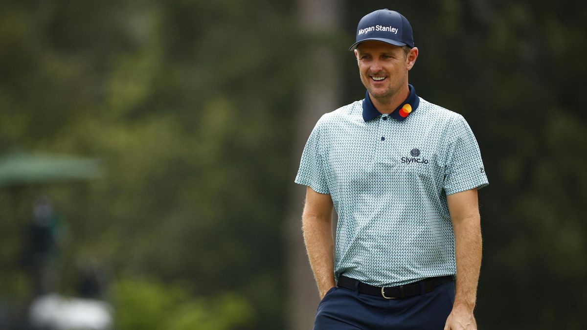Justin Rose of England reacts on the eighth hole during the second round of the Masters at Augusta National Golf Club on 9 April, 2021 in Augusta, Georgia.