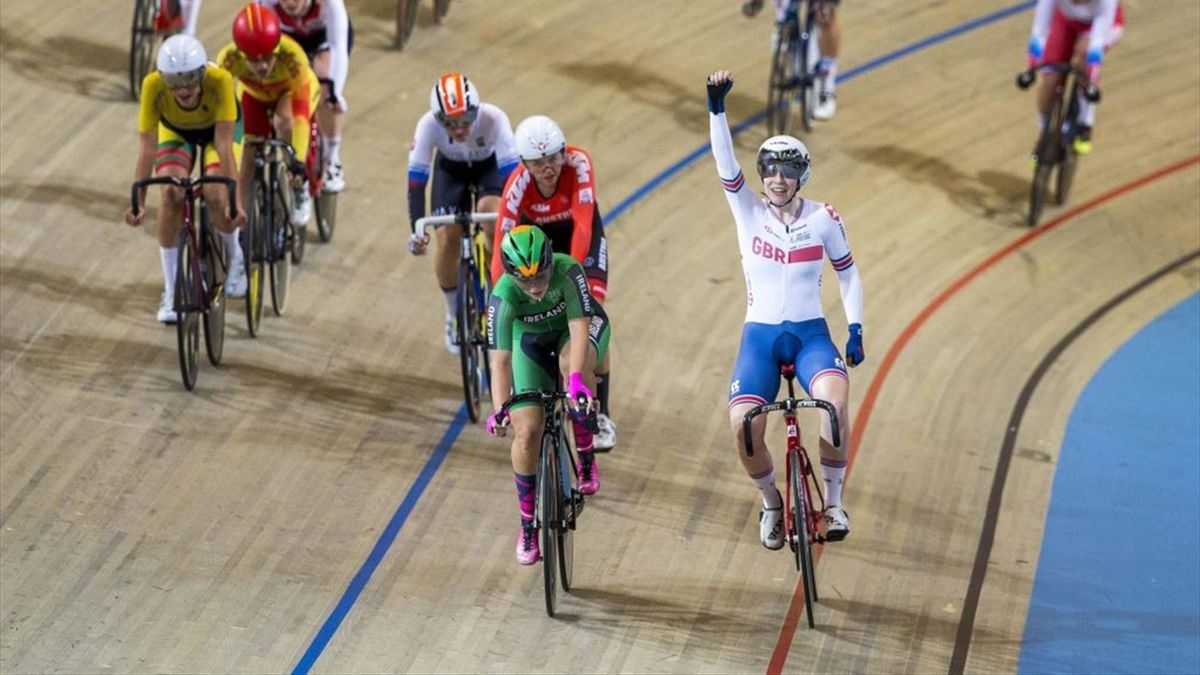British Emily Nelson (R) celebrates after winning the women's scratch final at the European track cycling championship in Apeldoorn, on October 16, 2019. (Photo by Vincent Jannink / ANP / AFP) / Netherlands OUT (Photo by VINCENT JANNINK/ANP/AFP via Getty