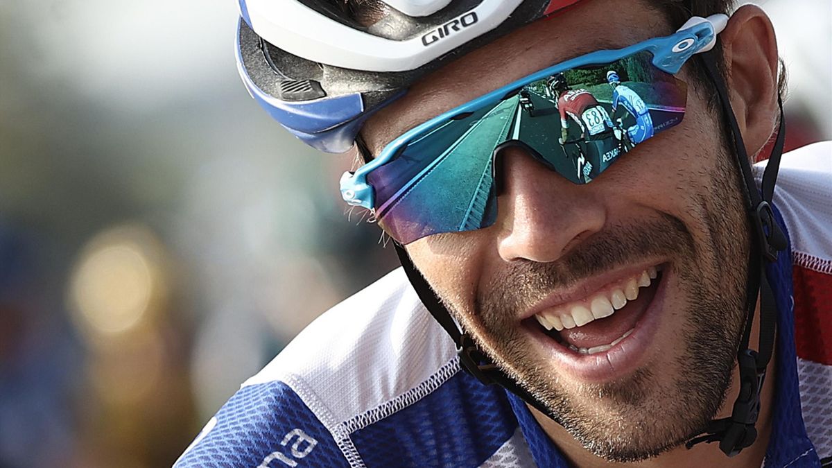A smiling Thibaut Pinot on the final day of the 2020 Tour de France