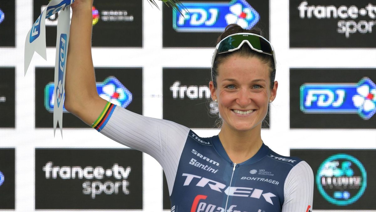 Team Trek-Segafredo's Elizabeth Deignan celebrates on the podium after winning "la course by le tour" women's race prior to the 1st stage of the 107th edition of the Tour de France cycling race