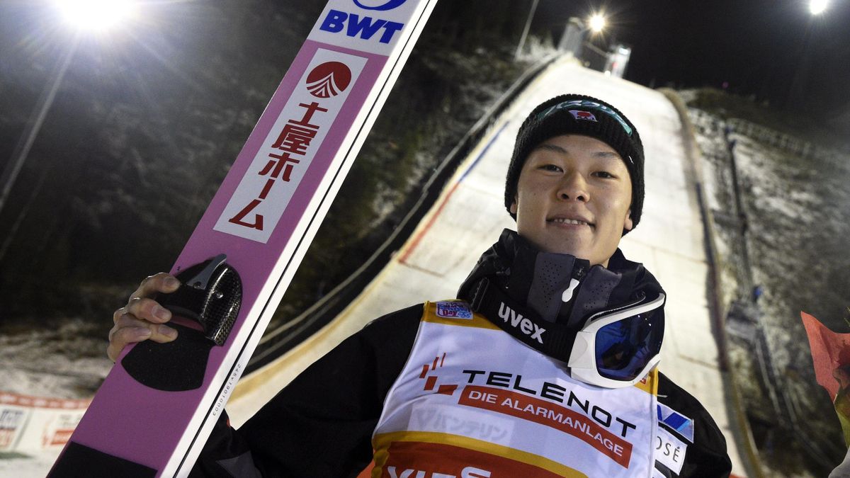 Winner Ryoyu Kobayashi of Japan poses after the Ski Jumping HS 142 Competition at FIS Nordic Skiing World Cup in Ruka, Finland, on November 24, 2018