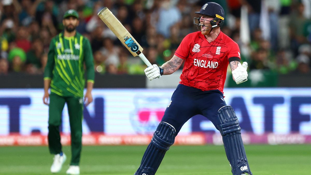 Ben Stokes of England celebrates after hitting the winning runs to win the ICC Men's T20 World Cup Final match between Pakistan and England at the Melbourne Cricket Ground on November 13, 2022 in Melbourne, Australia.