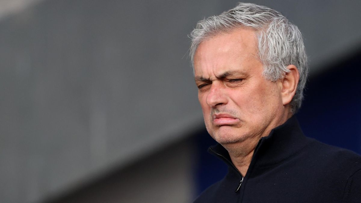 Jose Mourinho, Manager of Tottenham Hotspur reacts prior to the Premier League match between Everton and Tottenham Hotspur at Goodison Park on April 16, 2021 in Liverpool, England.
