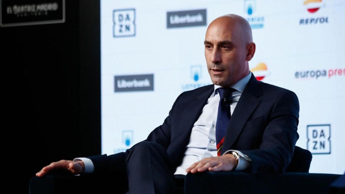 Luis Rubiales, President of the Spanish Football Federation RFEF, attends during the interview "Desayunos Deportivos Europa Press - Luis Rubiales" celebrated at El Beatriz Auditorium on July 14, 2021 in Madrid