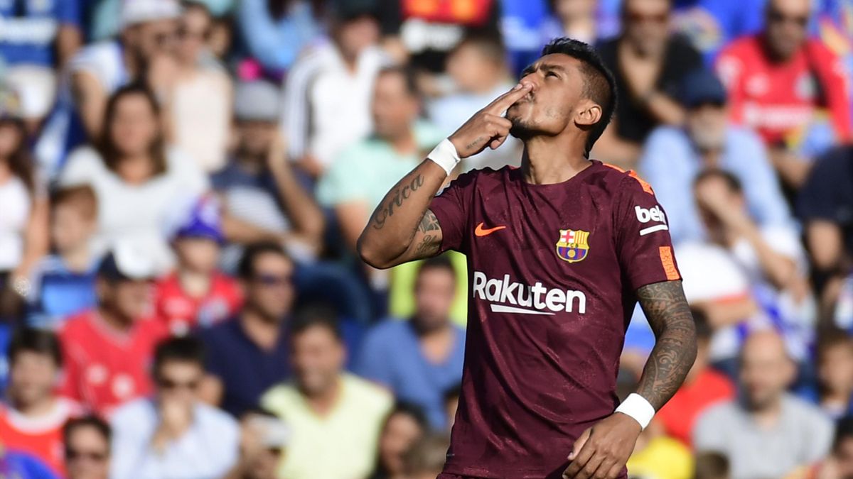 Barcelona's midfielder from Brazil Paulinho celebrates a goal during the Spanish league football match Getafe CF vs FC Barcelona at the Col. Alfonso Perez stadium in Getafe on September 16, 2017.