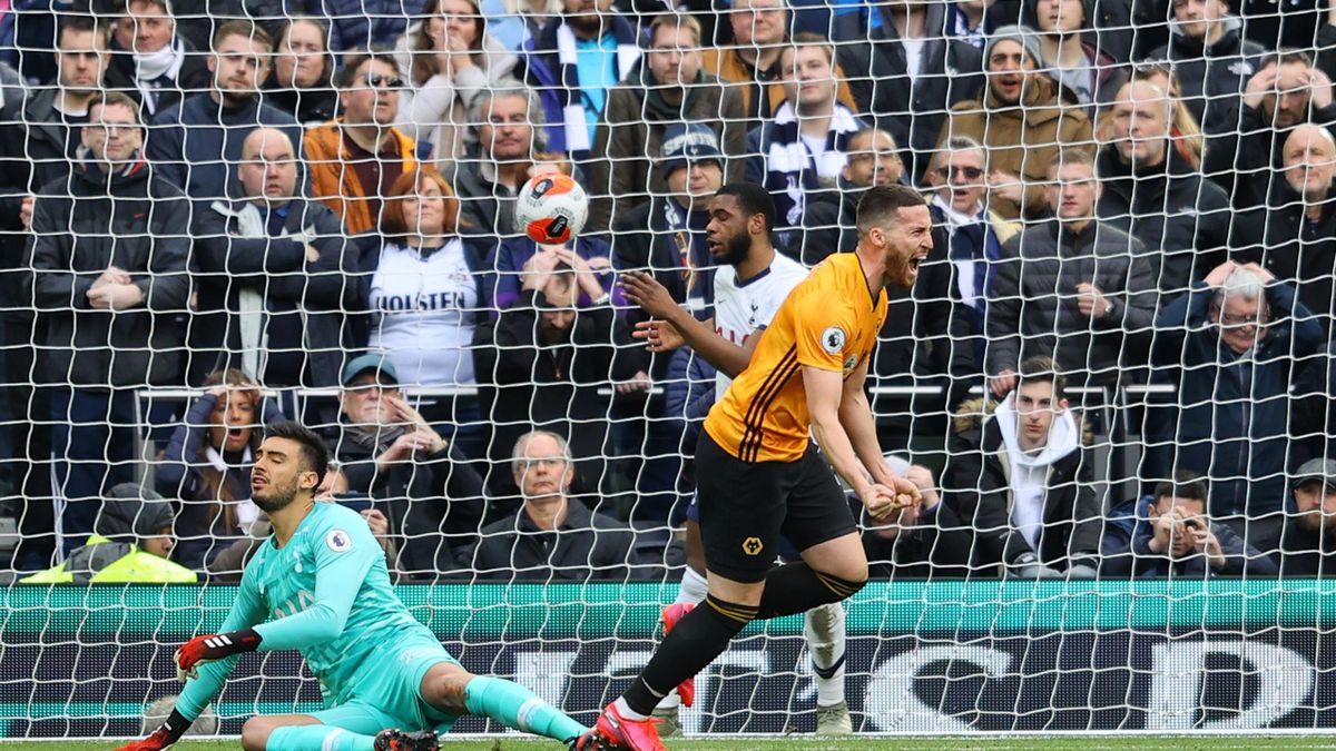 Matt Doherty of Wolverhampton Wanderers celebrates after scoring his team's first goal during the Premier League match between Tottenham Hotspur and Wolverhampton Wanderers at Tottenham Hotspur Stadium on March 01, 2020 in London, United Kingdom