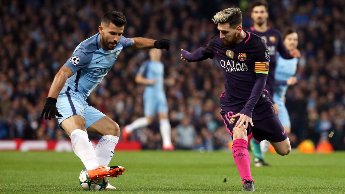 Manchester City's Sergio Aguero (left) and Barcelona's Lionel Messi in action.