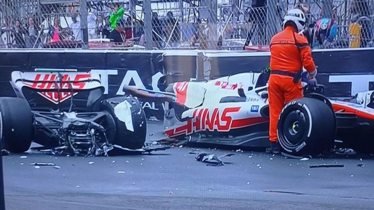 La macchina di Mick Schumacher distrutta dopo l'incidente al 28° giro del GP di Monaco, Foto Twitter