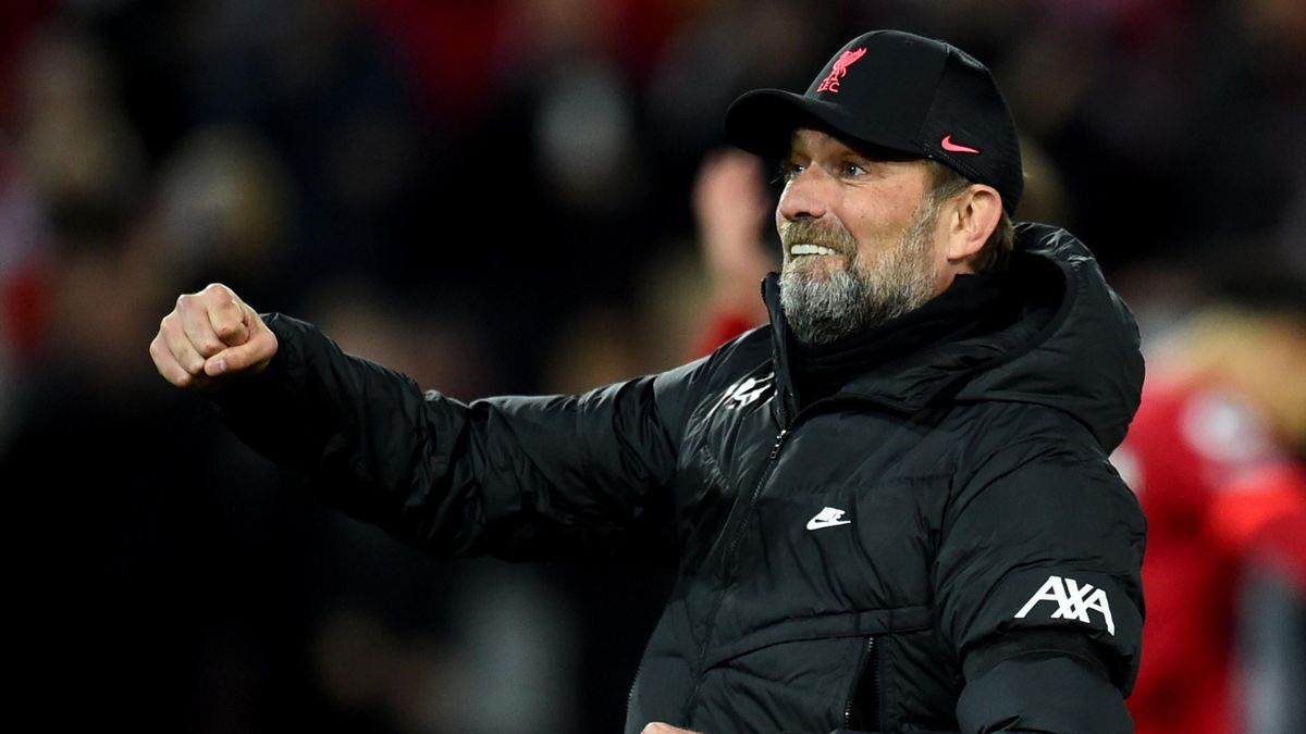 Jurgen Klopp manager of Liverpool celebrates at the end of the Premier League match between Liverpool and Manchester United at Anfield on April 19, 2022 in Liverpool, England.