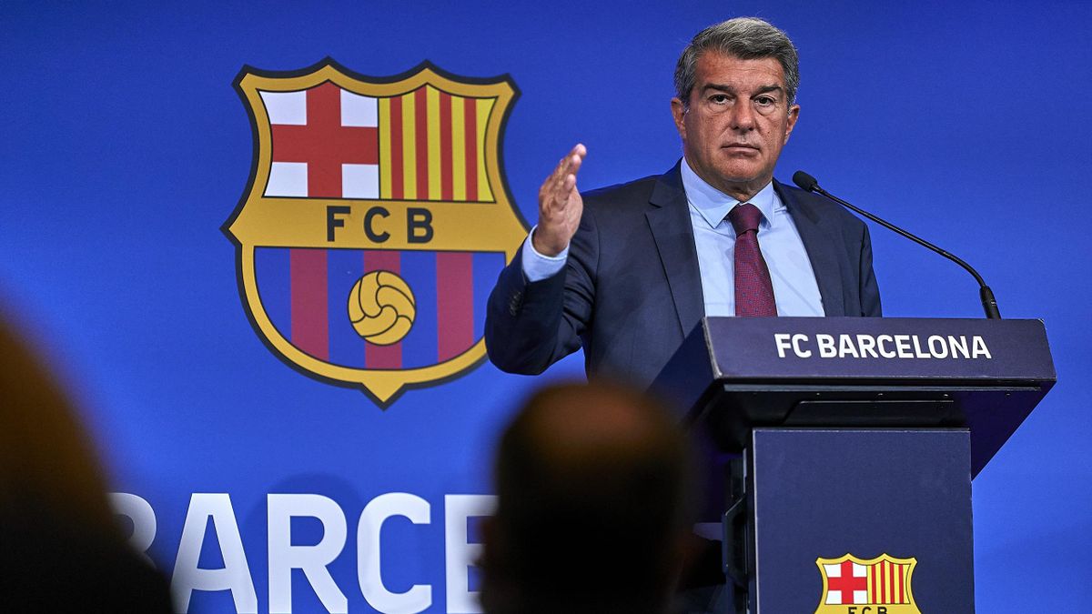 President of FC Barcelona Joan Laporta attends a press conference after the announcement that Lionel Messi will be leaving the club at Camp Nou on August 06, 2021 in Barcelona