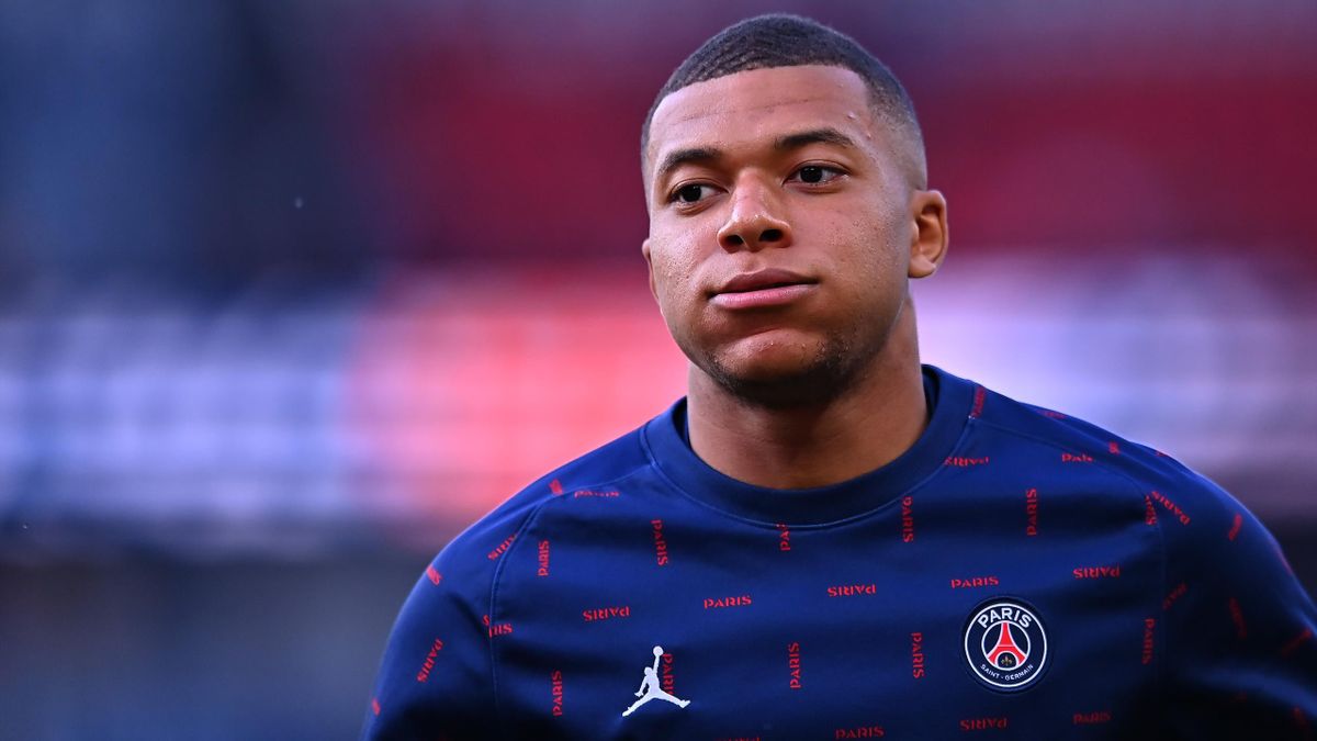 Kylian Mbappe of Paris Saint-Germain looks on during warmup before the Ligue 1 Uber Eats match between Paris Saint Germain and ESTAC Troyes at Parc des Princes on May 08