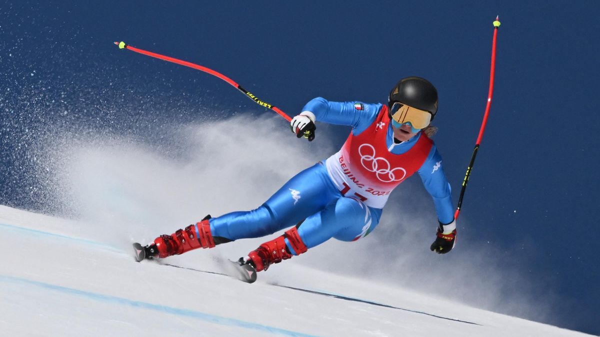Italy's Sofia Goggia takes part in the womens downhill third training session during the Beijing 2022 Winter Olympic Games at the Yanqing National Alpine Skiing Centre in Yanqing on February 14, 2022.