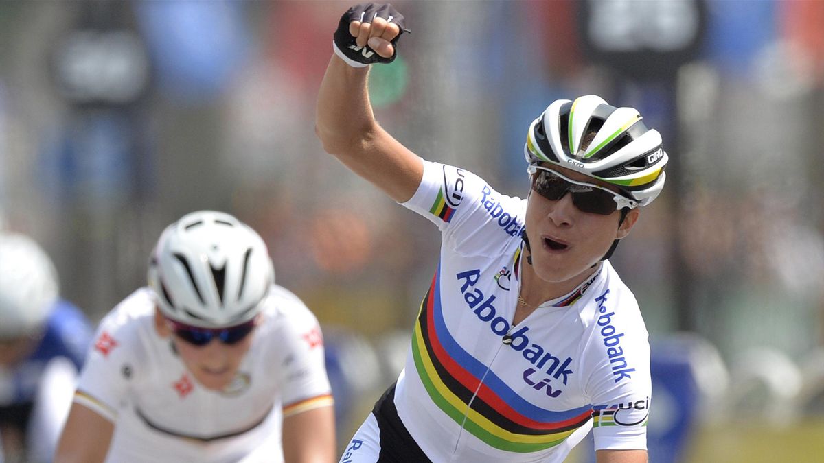 Marianne Vos celebrates victory in Ladies Tour de France. 