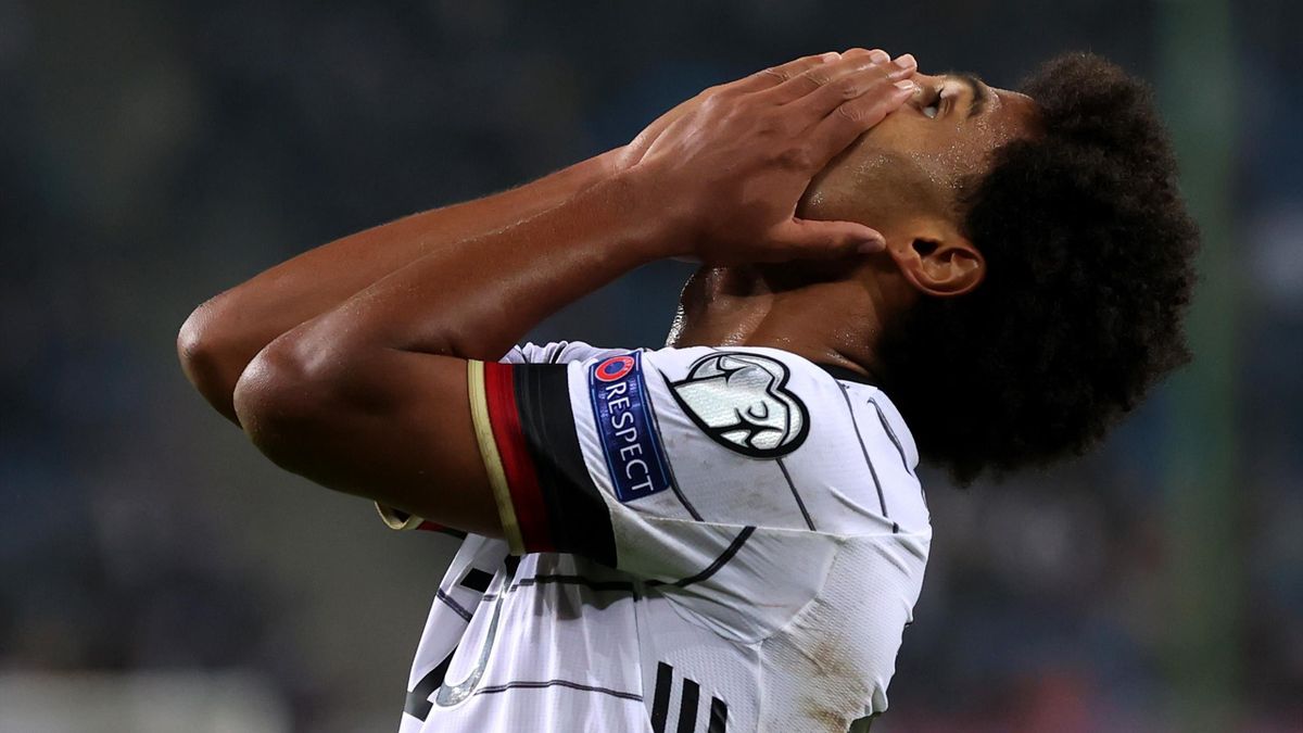 Serge Gnabry of Germany reacts after missing a scoring opportunity during the 2022 FIFA World Cup Qualifier match between Germany and Romania at Imtech Arena on October 08, 2021 in Hamburg, Hamburg