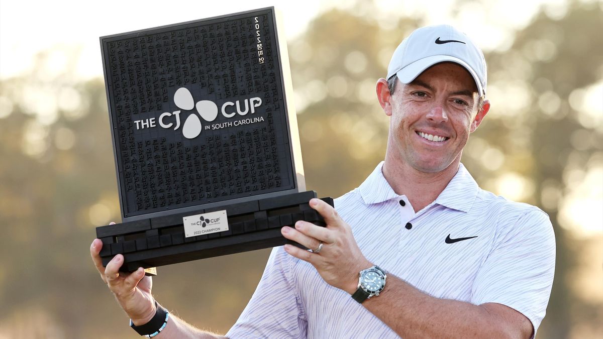 Rory McIlroy poses with the trophy at the CJ Cup at Congaree Golf Club on October 23, 2022 in Ridgeland, South Carolina