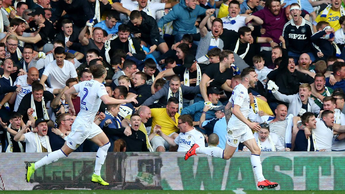 Stuart Dallas of Leeds United celebrates after scoring his team's first goal during the Sky Bet Championship Play-off semi final second leg match between Leeds United and Derby County at Elland Road on May 15, 2019 in Leeds, England