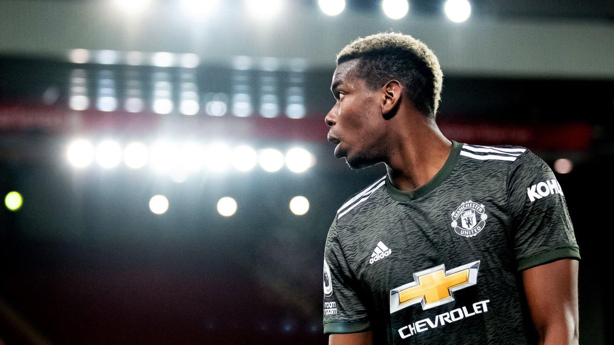 Paul Pogba of Manchester United looks on during the Premier League match between Liverpool and Manchester United at Anfield on January 17, 2021 in Liverpool, United Kingdom.