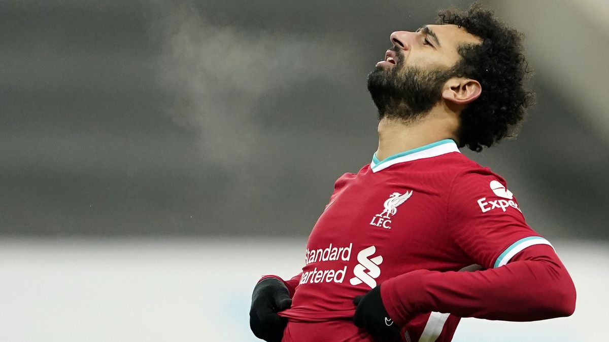 Mohamed Salah of Liverpool reacts after a missed chance during the Premier League match between Newcastle United and Liverpool at St. James' Park on December 30, 2020 in Newcastle upon Tyne, England