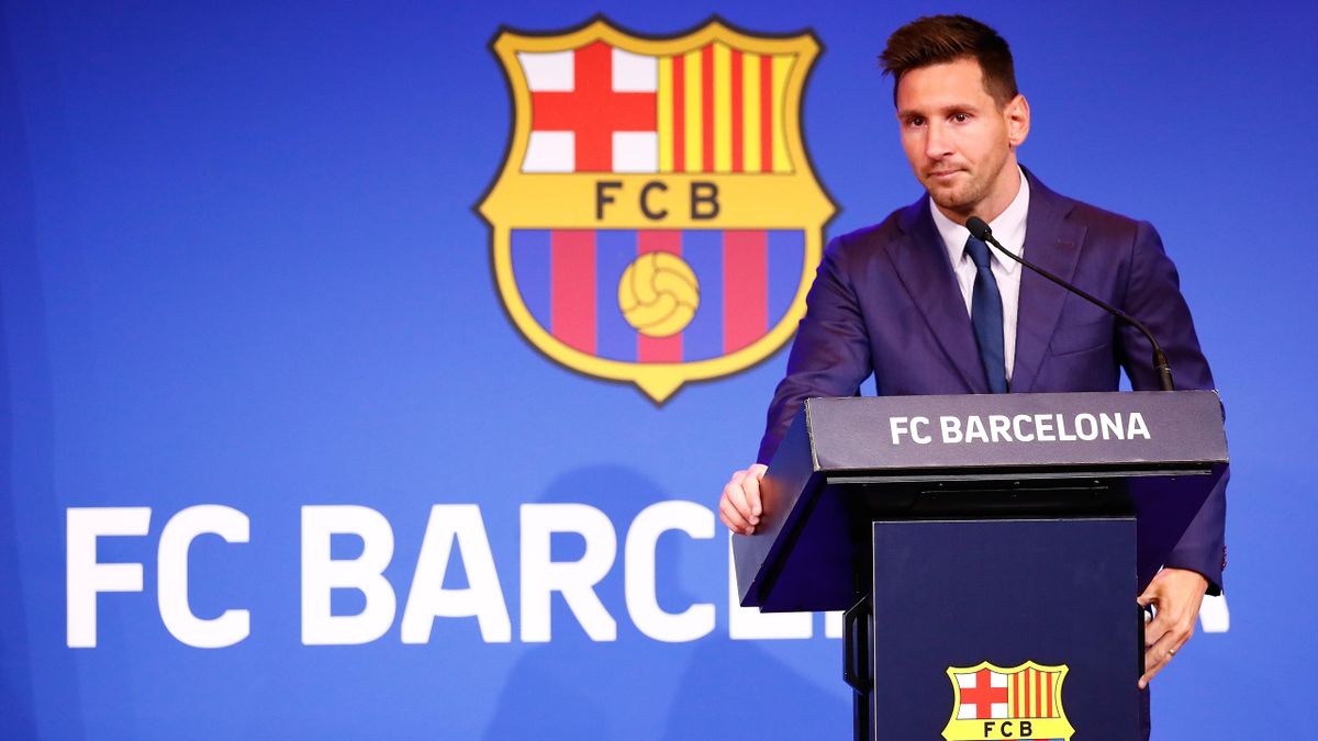 Lionel Messi pendant sa conférence de presse d'adieu au Barça