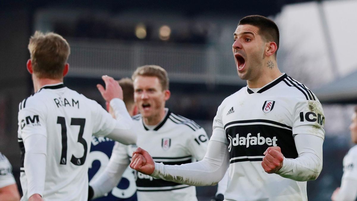 Fulham's Aleksandar Mitrovic and team mates celebrate their first goal, an own goal scored by Tottenham's Fernando Llorente
