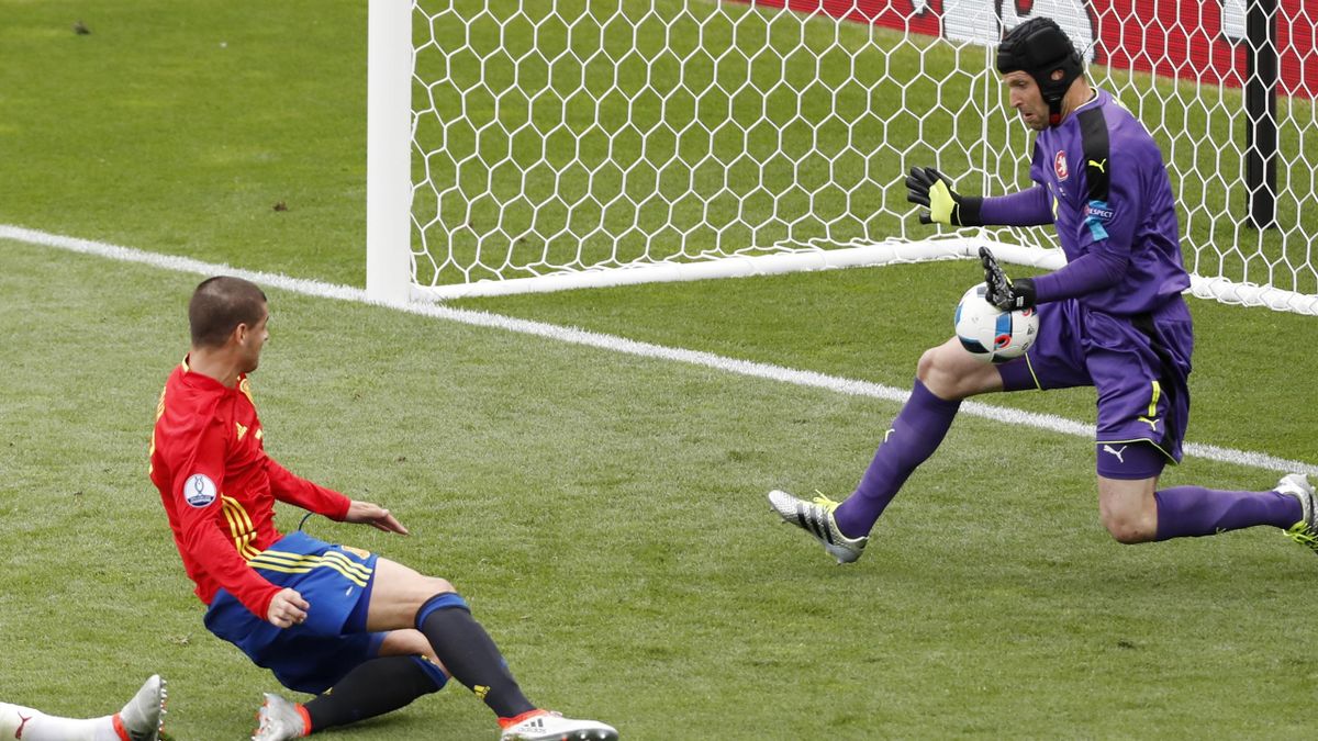 Spain's Alvaro Morata has a shot saved by Czech Republic's Petr Cech