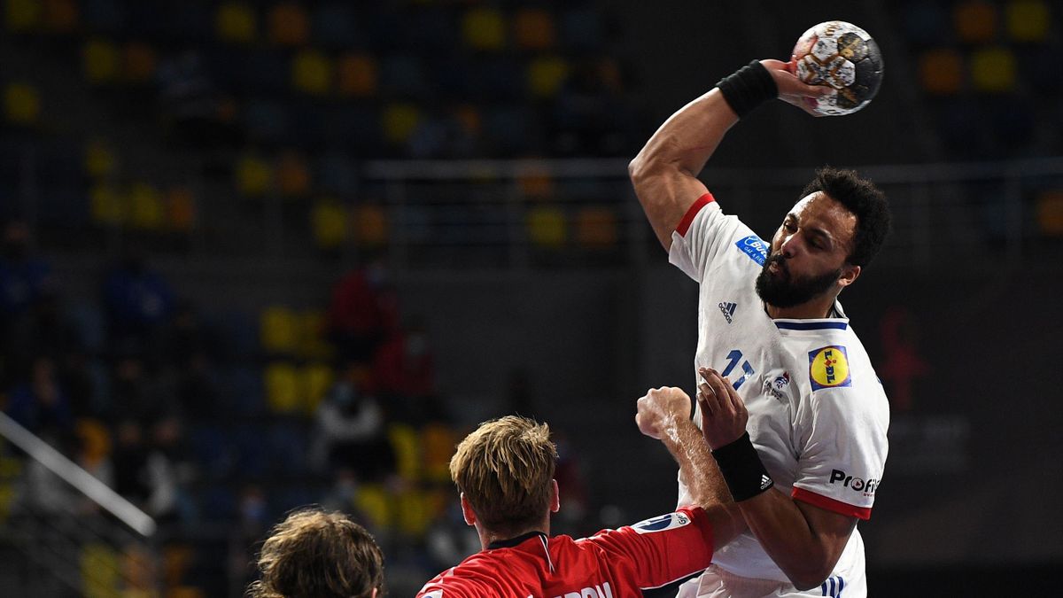 France's left back Timothey N'Guessan jumps to shoot during the 2021 World Men's Handball Championship between Group E teams Norway and France