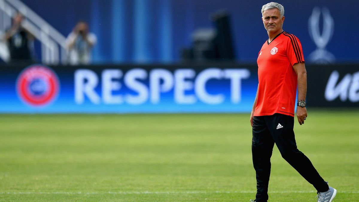 Jose Mourinho, Manager of Manchester United looks on during a training session ahead of the UEFA Super Cup final between Real Madrid and Manchester United on August 7, 2017 in Skopje, Macedonia.