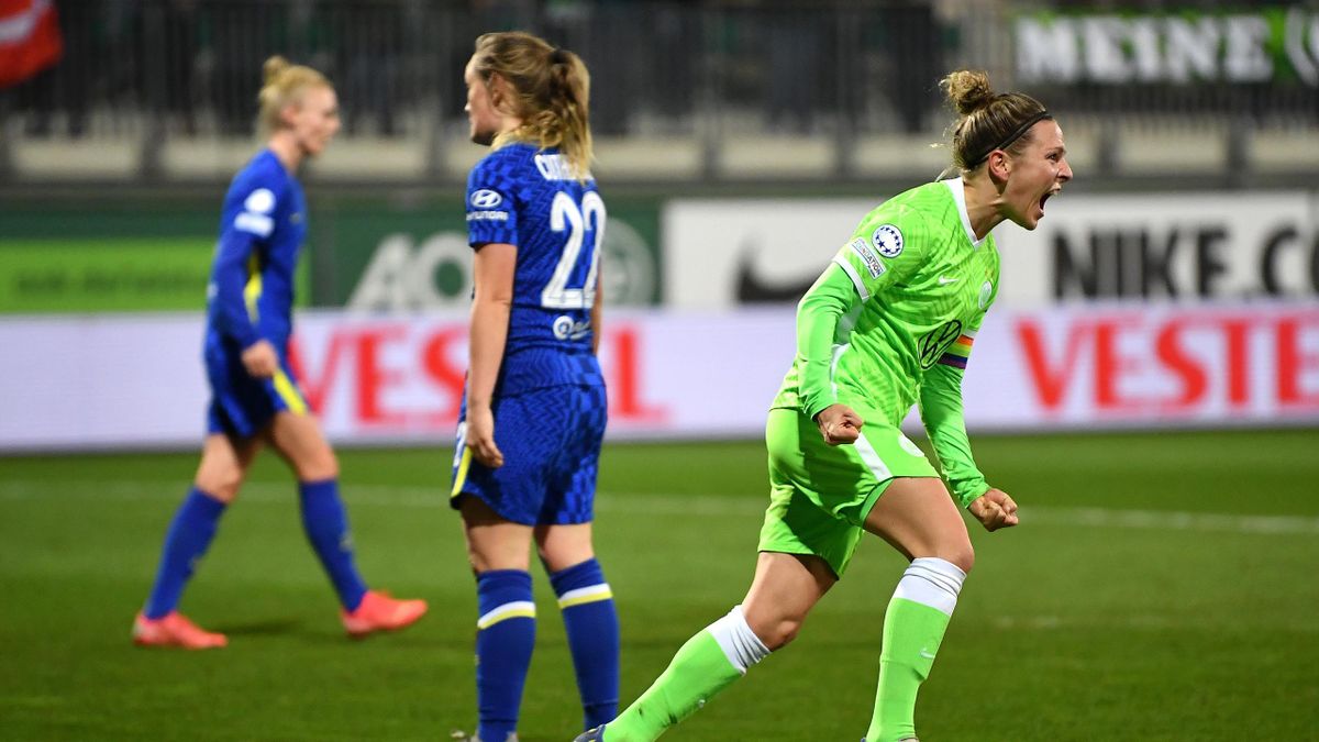 Svenja Huth of VfL Wolfsburg celebrates after scoring her teams first goal during the UEFA Women's Champions League group A match between VfL Wolfsburg and Chelsea FC Women at AOK-Stadion on December 16, 2021 in Wolfsburg, Germany.
