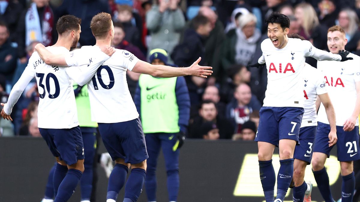 Heung-Min Son of Tottenham celebrates after scoring during the Premier League match between Aston Villa and Tottenham Hotspur at Villa Park on April 09, 2022
