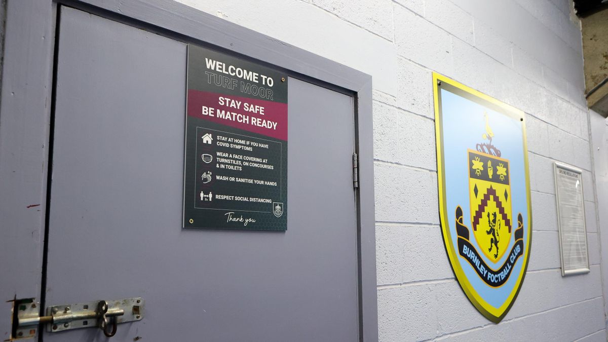 COVID-19 advice is seen at Turf Moor prior to the Premier League match between Burnley and Watford at Turf Moor on December 15, 2021 in Burnley, England.