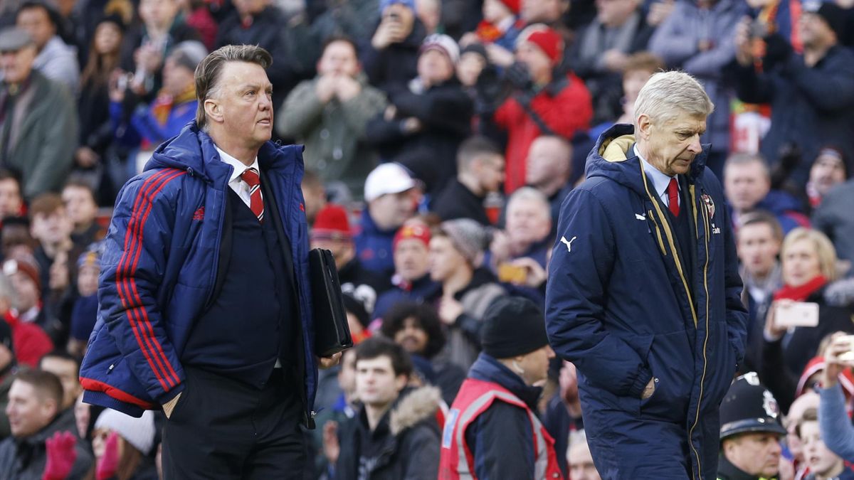 Manchester United manager Louis van Gaal and Arsenal manager Arsene Wenger at the end of the game