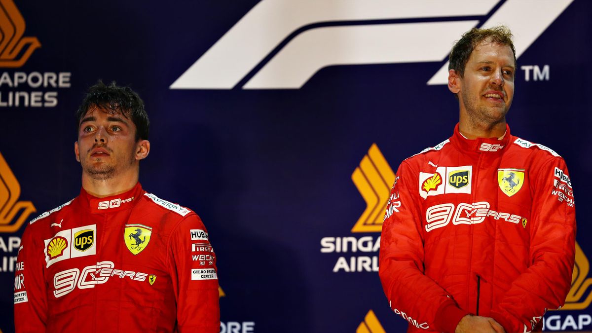 Sebastian Vettel e Charles Leclerc sul podio, GP Singapore, Getty Images