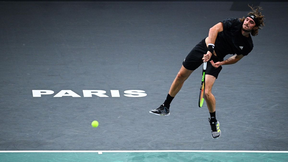 Greece's Stefanos Tsitsipas serves the ball to France's Ugo Humbert during their men's singles second round tennis match on day 2 at the ATP World Tour Masters 1000 - Paris Masters (Paris Bercy) - indoor tennis tournament at The AccorHotels Arena in Paris