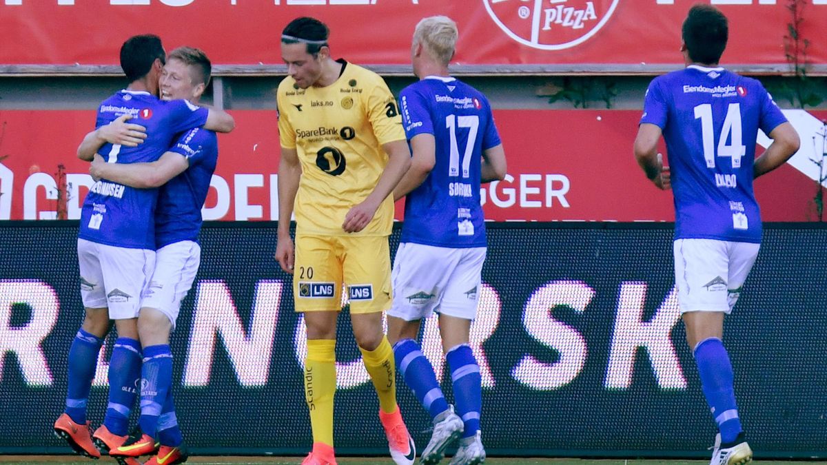 Ranheim jubler etter 1 - 1 av Mads Reginiussen under 1. divisjon kampen i fotball mellom Bodø/glimt og Ranhaiem på Aspmyra stadion.