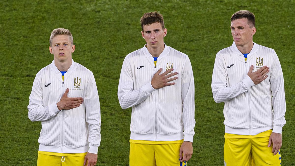 Oleksandr Zinchenko (L) Illia Zabarnyi (C) and Sergii Sydorchuk of Ukraine (R) getting into the field during the UEFA Euro 2020 Championship Quarter-final match between Ukraine and England at Olimpico Stadium on July 3, 2021 in Rome, Italy