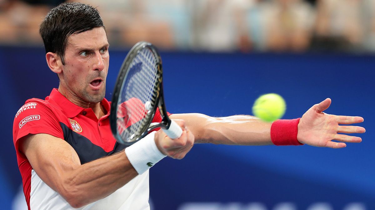 Novak Djokovic of Serbia plays a forehand during his quarter final singles match against Denis Shapovalov of Canada during day eight of the 2020 ATP Cup