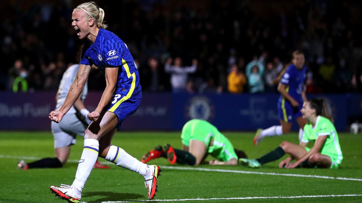 Pernille Harder of Chelsea celebrates scoring her teams third goal during the UEFA Women's Champions League group A match between Chelsea FC Women and VfL Wolfsburg at Kingsmeadow