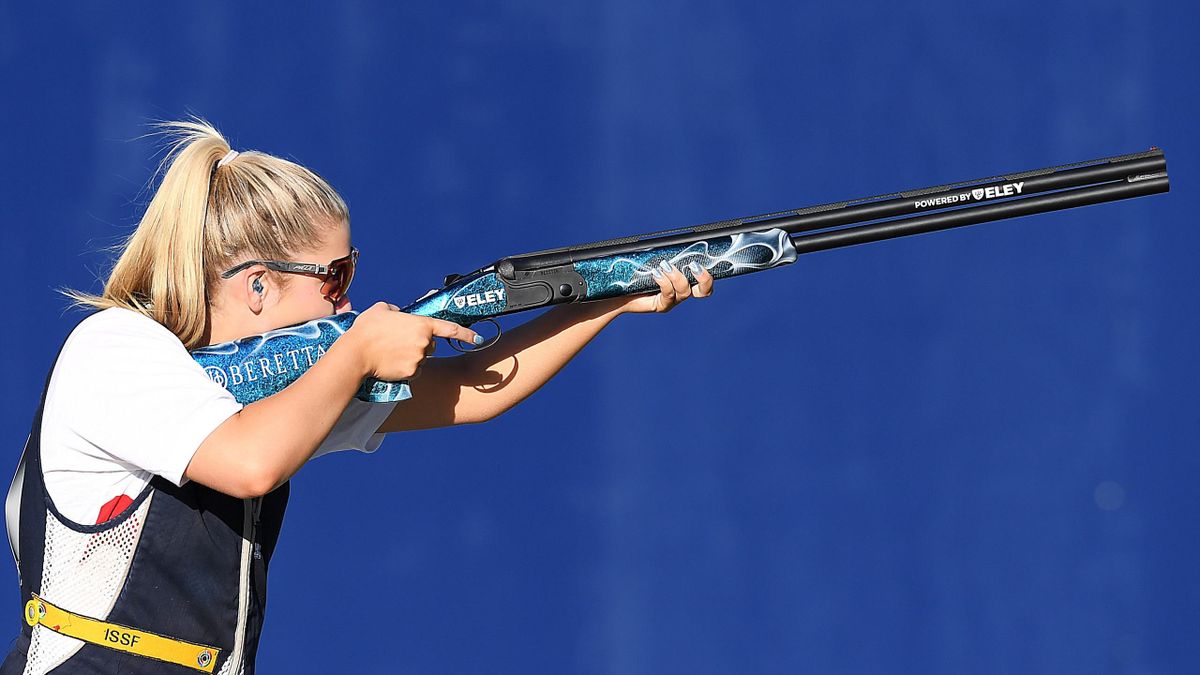 Amber Hill of England competes in the Women's Skeet final during Shooting, Gold Coast 2018 Commonwealth Games at Belmont Shooting Centre on April 8, 2018 in Brisbane, Australia