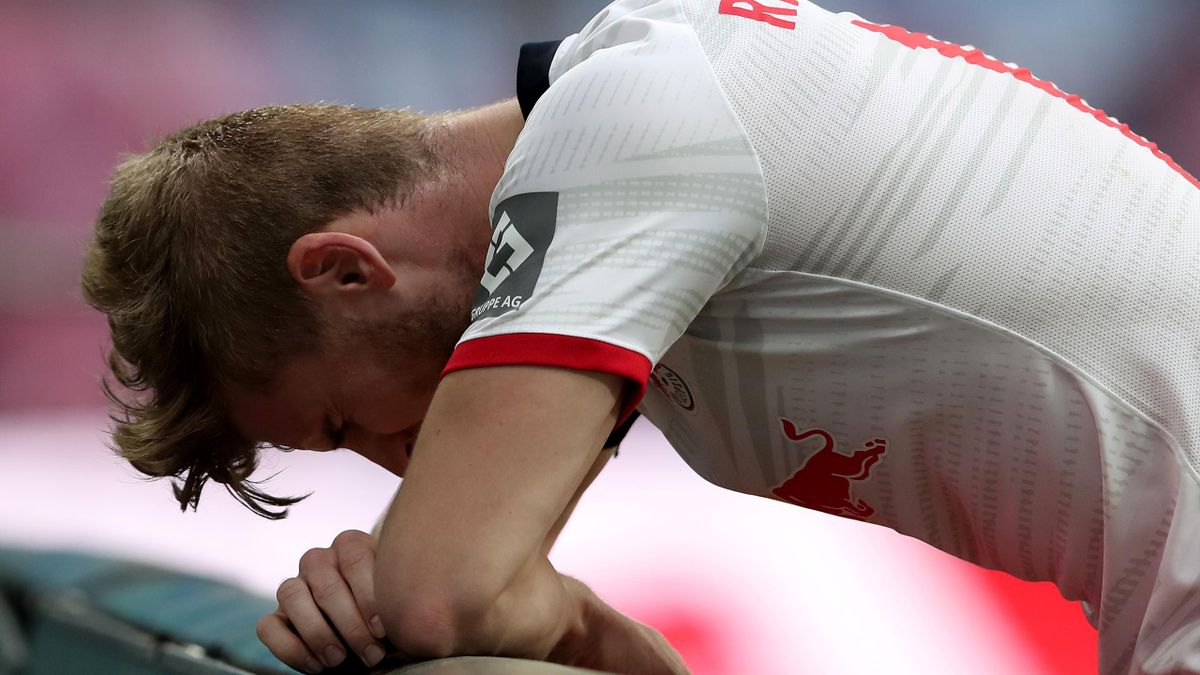 Timo Werner of Leipzig reacts during the Bundesliga match between RB Leipzig and Hertha BSC at Red Bull Arena on May 27, 2020 in Leipzig, Germany. The Bundesliga and Second Bundesliga is the first professional league to resume the season after the nationw